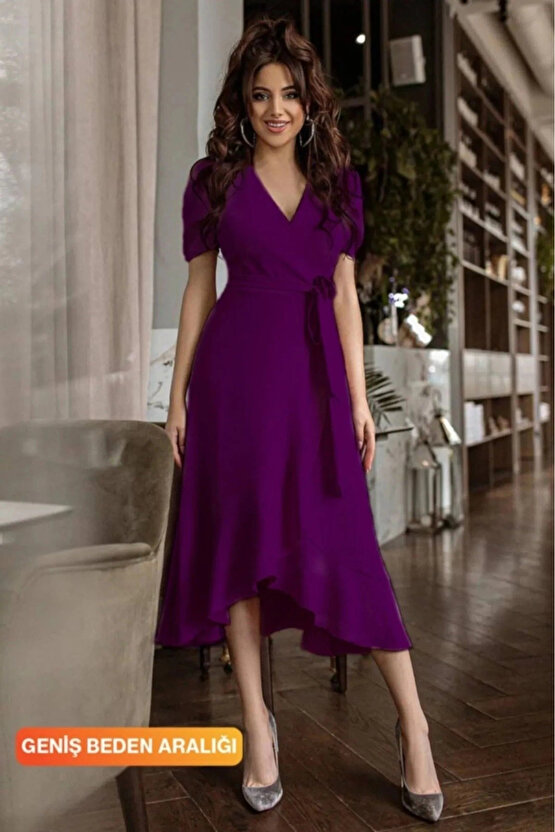 MDB Kadın Kruvaze Yaka idi Boy Kuşaklı Krep Elbise 120 Cm