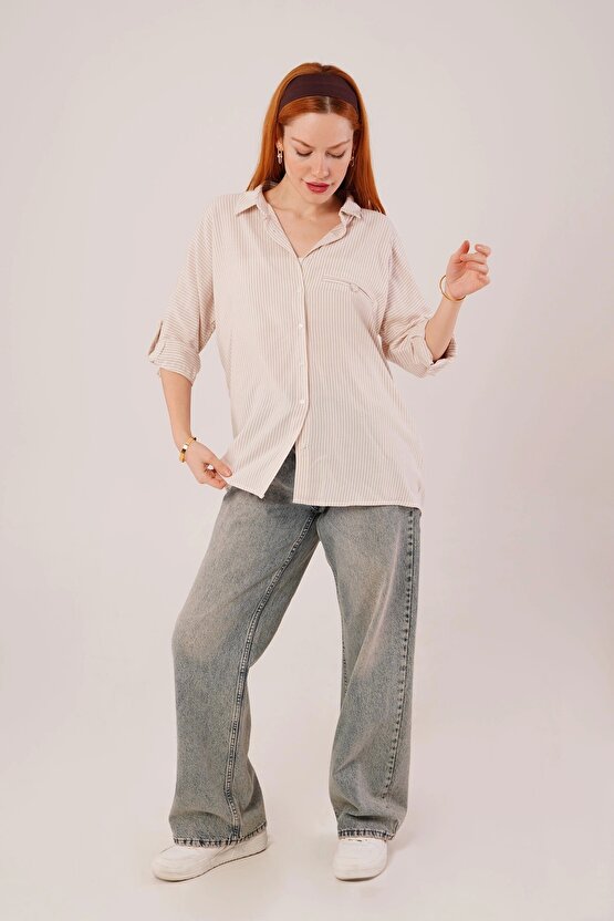 Cep Detay Çizgili Oversize Krem Gömlek