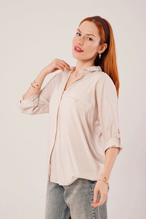 Cep Detay Çizgili Oversize Krem Gömlek