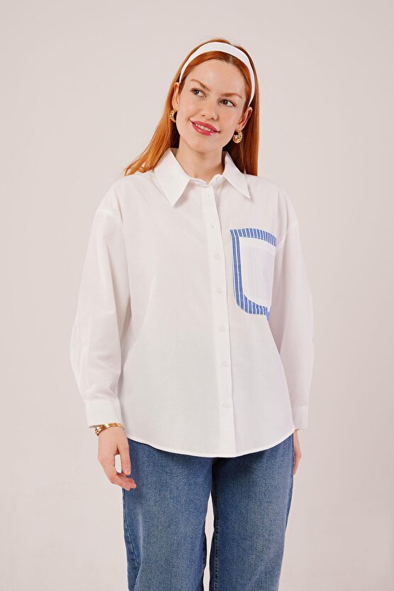 Gökyüzü Moda Çizgili Cep Detaylı Beyaz Gömlek