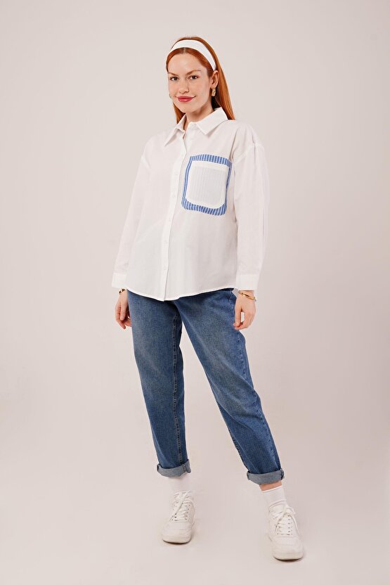 Gökyüzü Moda Çizgili Cep Detaylı Beyaz Gömlek