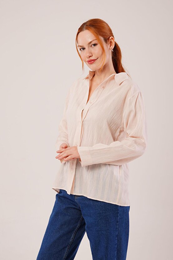 munn collection Düğmeli Ve Çizgi Detaylı Krem Gömlek