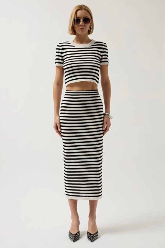 Çizgili Midi Dokulu Etek
