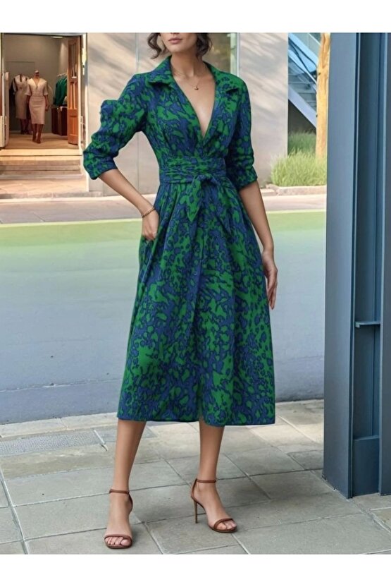 Kadın Uzun Kollu Yakalı önden Düğmeli Beli Kuşaklı Uzun Süprem Elbise