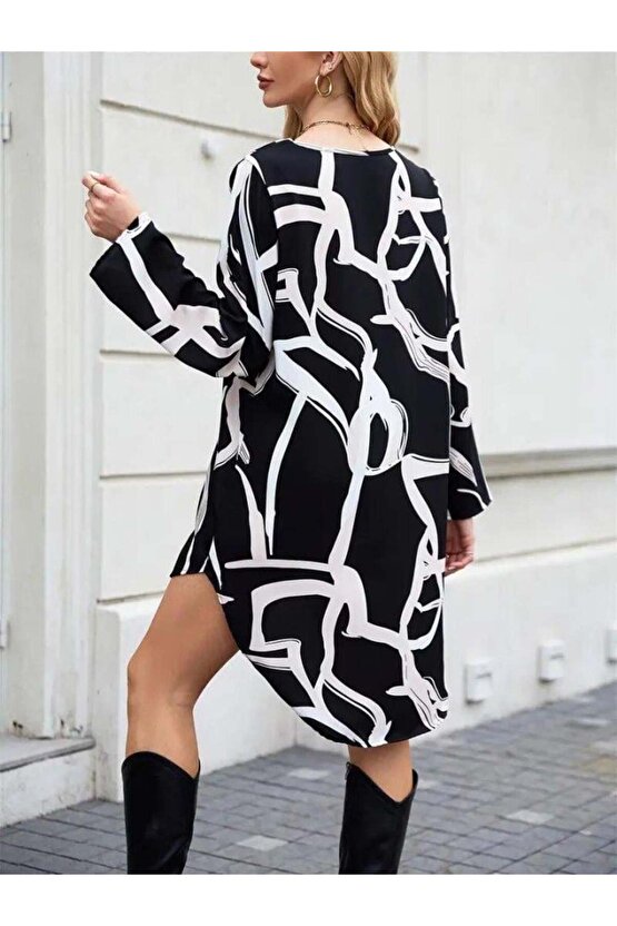 Kadın Uzun Kollu V Yakalı Desenli Dalgıç Elbise