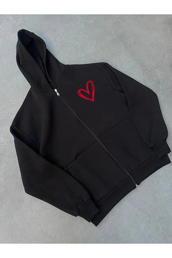 MDB Üç İplik Baskılı Fermuarlı Kapşonlu Hırka iyah