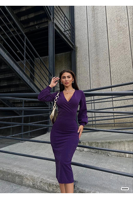 MDB Kadın Kruvaze Yaka Balon Kol imli Krep Kumaş idi Boy Elbise