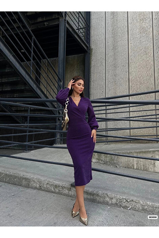 MDB Kadın Kruvaze Yaka Balon Kol imli Krep Kumaş idi Boy Elbise