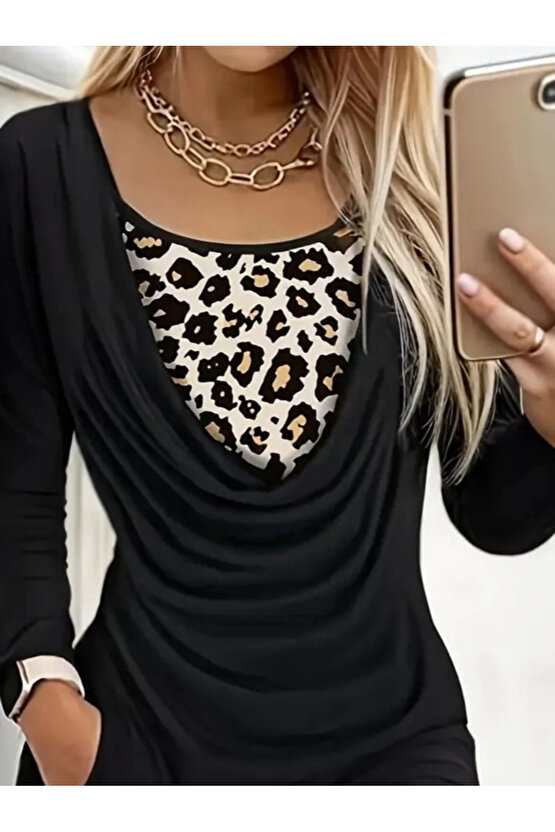 MDB Kadın Uzun Kollu Degaje Yaka Leopar Detaylı Cepli Kısa Sandy Elbise