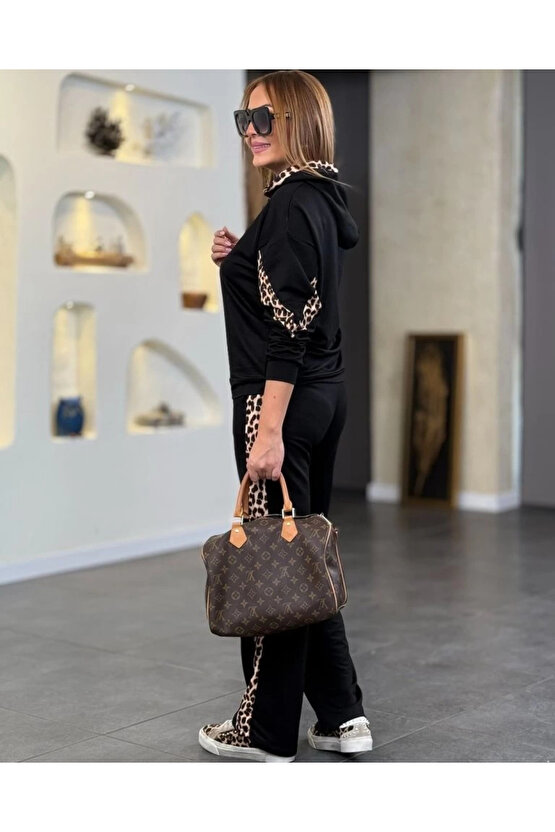 MDB Kadın Kapüşonlu eopar Detay weat Ve Yüksek Bel Yanları eopar şeritli Bol Paça Pantolon Ikili Tak