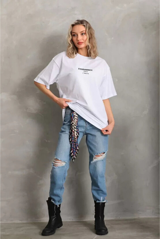 MDB Unisex Baskılı Oversize Thirt Beyaz