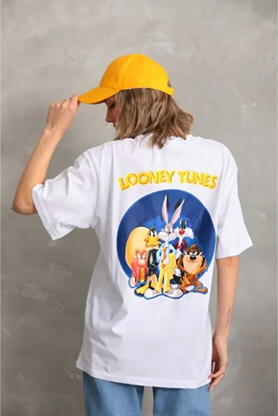 Unisex Baskılı Oversize Thirt  Beyaz