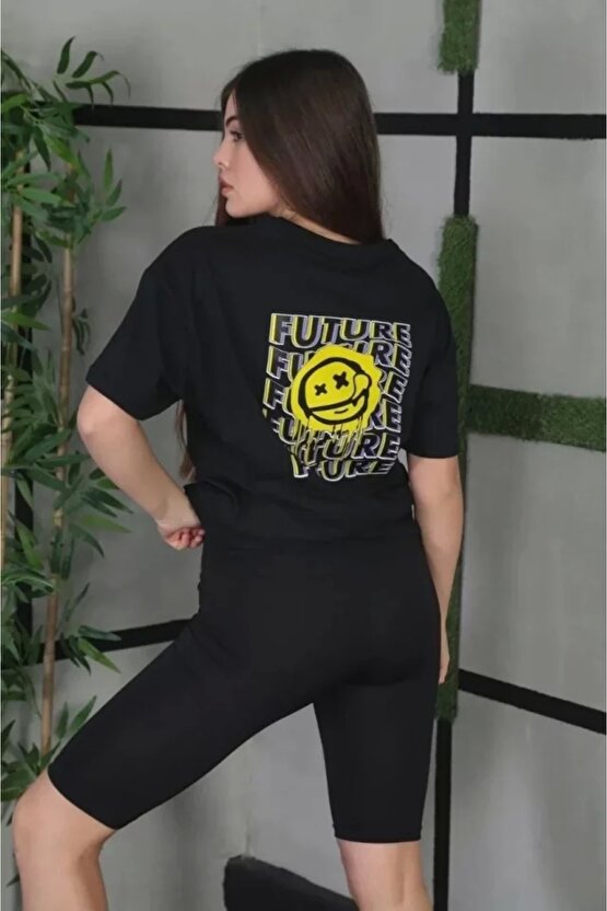 Unisex Bisiklet Yaka Baskılı Oversize Thirt  iyah