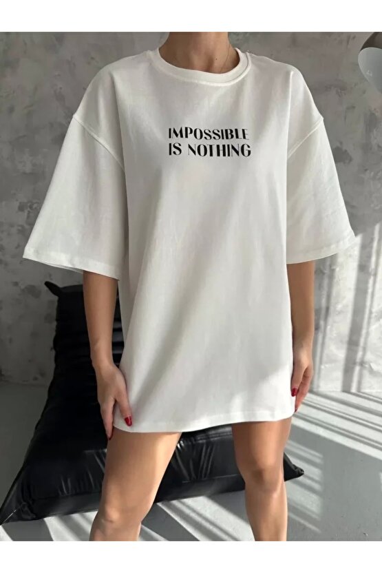 Unisex Bisiklet Yaka Baskılı Oversize Thirt  Beyaz