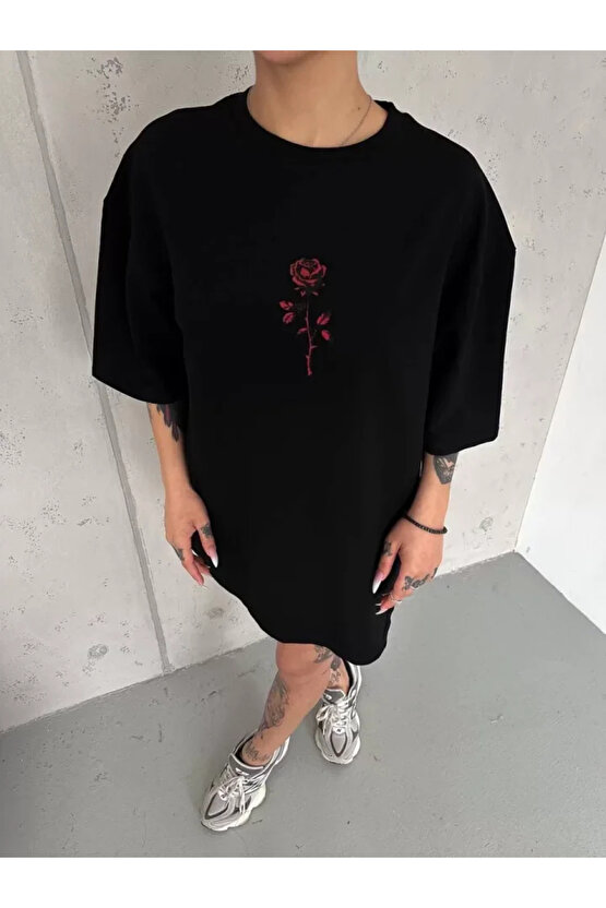 Unisex Bisiklet Yaka Baskılı Oversize Thirt iyah