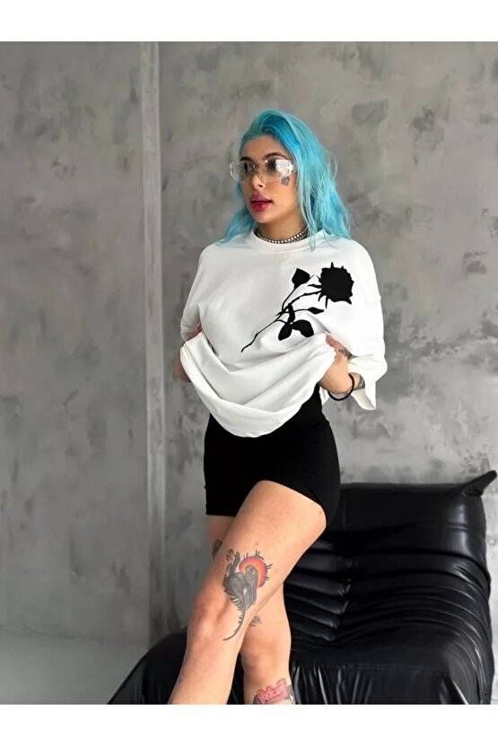 Unisex Bisiklet Yaka Baskılı Oversize Thirt  Beyaz
