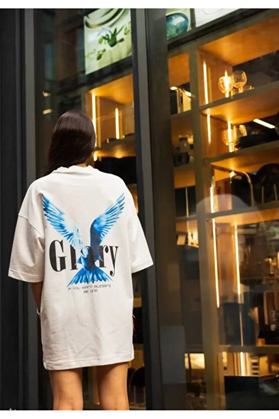 Unisex Bisiklet Yaka Baskılı Oversize Thirt Beyaz