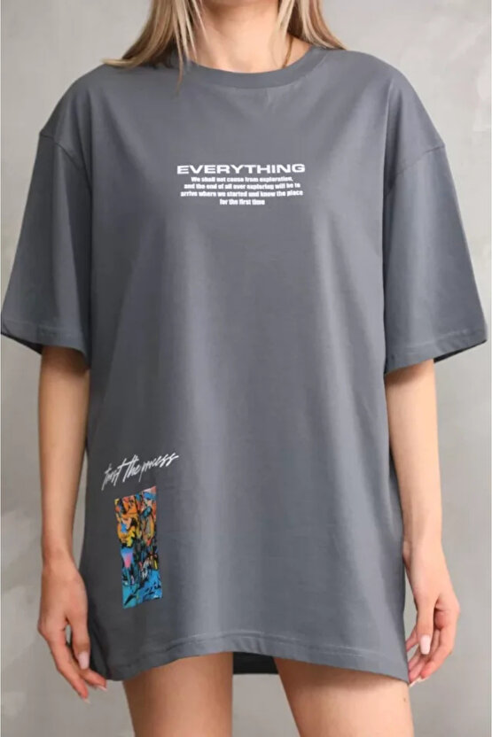 MDB Unisex Bisiklet Yaka Baskılı Oversize Thirt Gri