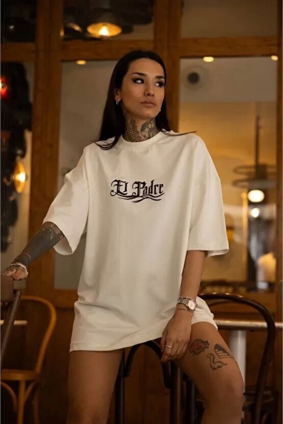Unisex Bisiklet Yaka Baskılı Oversize Thirt  Beyaz
