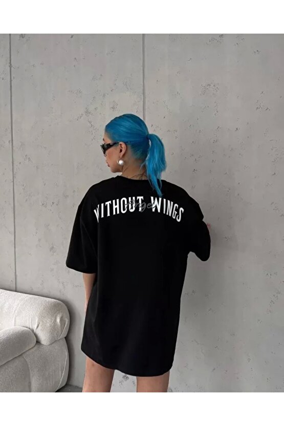 Unisex Bisiklet Yaka Baskılı Oversize Thirt  iyah