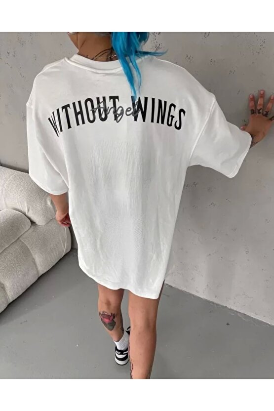 Unisex Bisiklet Yaka Baskılı Oversize Thirt  Beyaz
