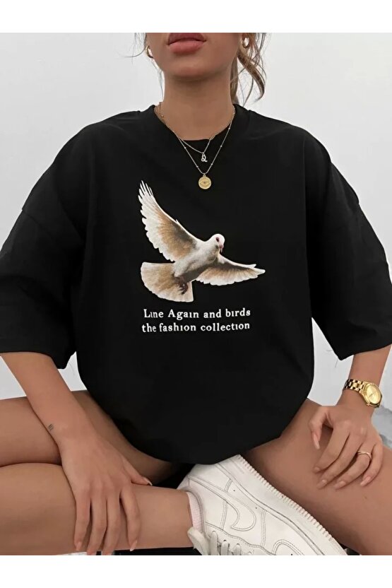 Unisex Bisiklet Yaka Baskılı Oversize Thirt  iyah