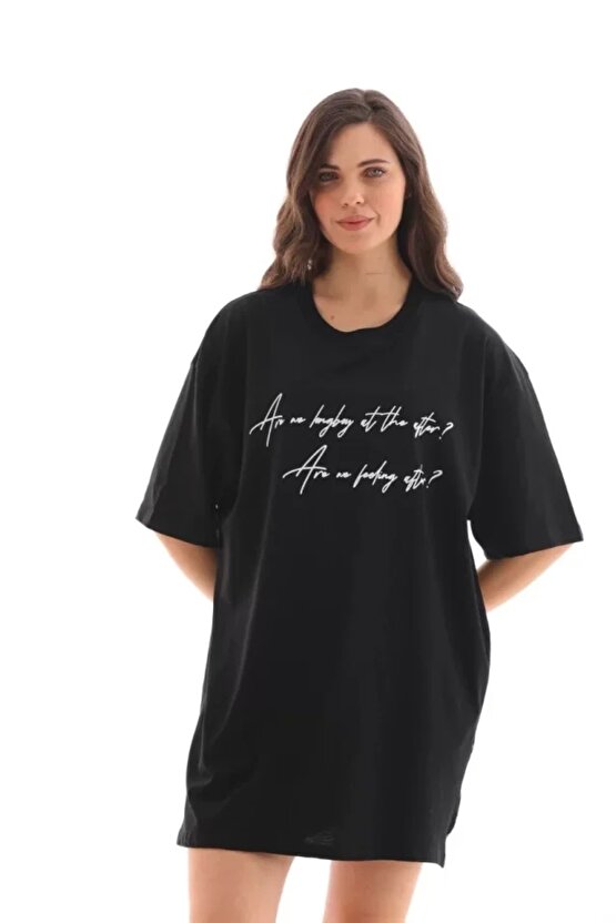 Unisex Bisiklet Yaka Baskılı Oversize Thirt  iyah