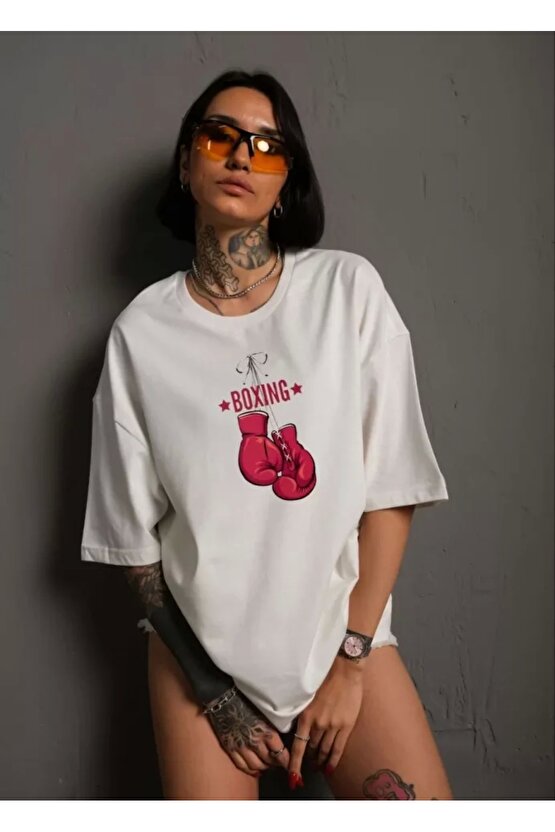 Unisex Bisiklet Yaka Baskılı Oversize Thirt  Beyaz