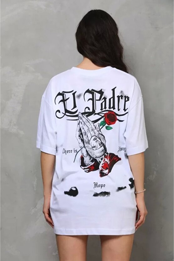 Unisex Bisiklet Yaka Baskılı Oversize Thirt  Beyaz