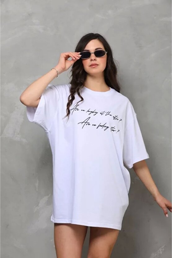 Unisex Bisiklet Yaka Baskılı Oversize Thirt  Beyaz