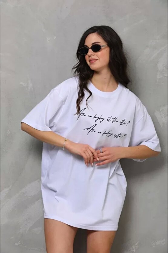 Unisex Bisiklet Yaka Baskılı Oversize Thirt  Beyaz