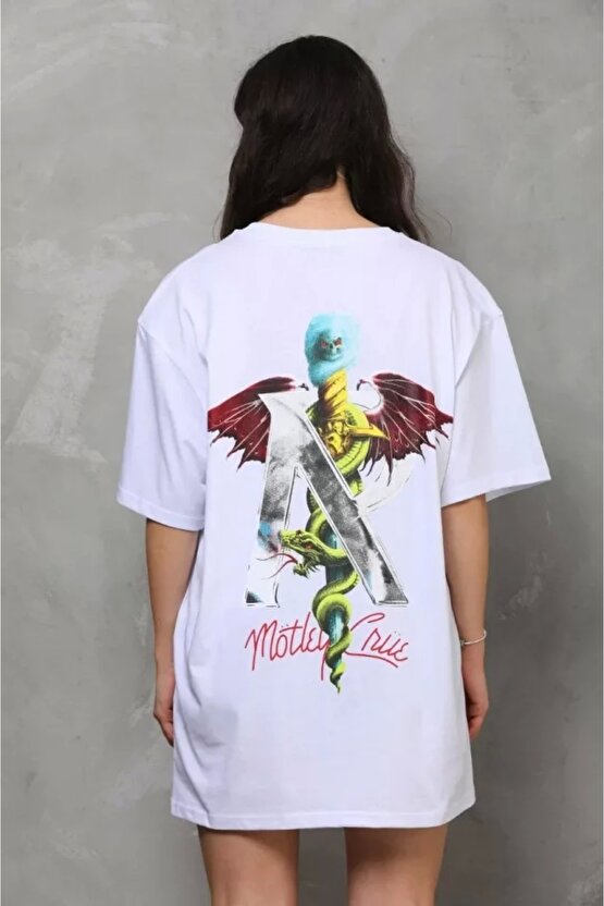 Unisex Bisiklet Yaka Baskılı Oversize Thirt  Beyaz