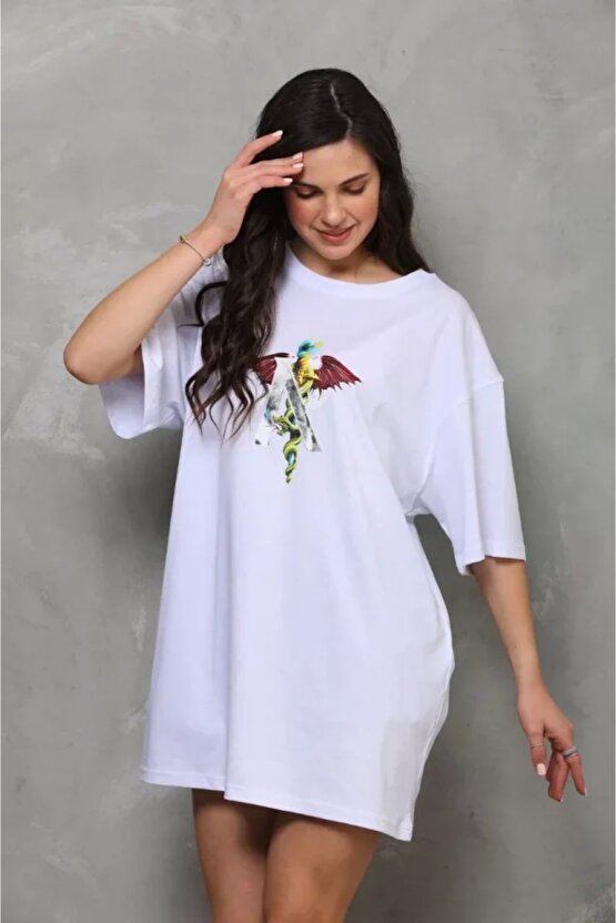 Unisex Bisiklet Yaka Baskılı Oversize Thirt  Beyaz