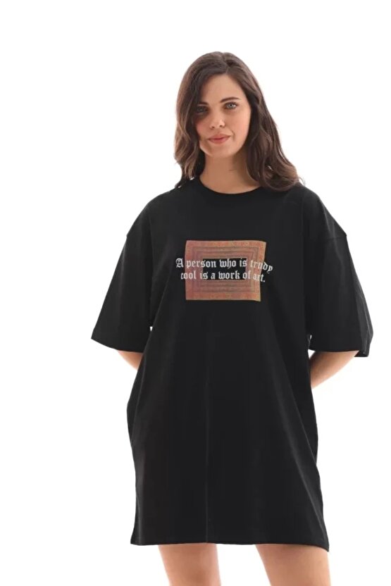 Unisex Bisiklet Yaka Baskılı Oversize Thirt  iyah
