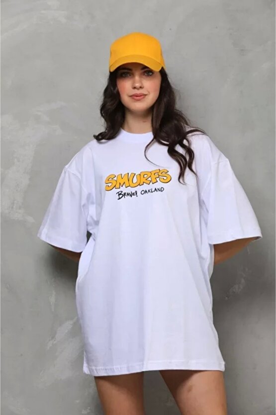 Unisex Bisiklet Yaka Baskılı Oversize Thirt  Beyaz