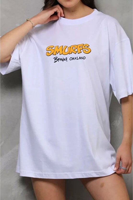 Unisex Bisiklet Yaka Baskılı Oversize Thirt  Beyaz