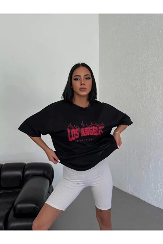 Unisex Bisiklet Yaka Baskılı Oversize Thirt  iyah