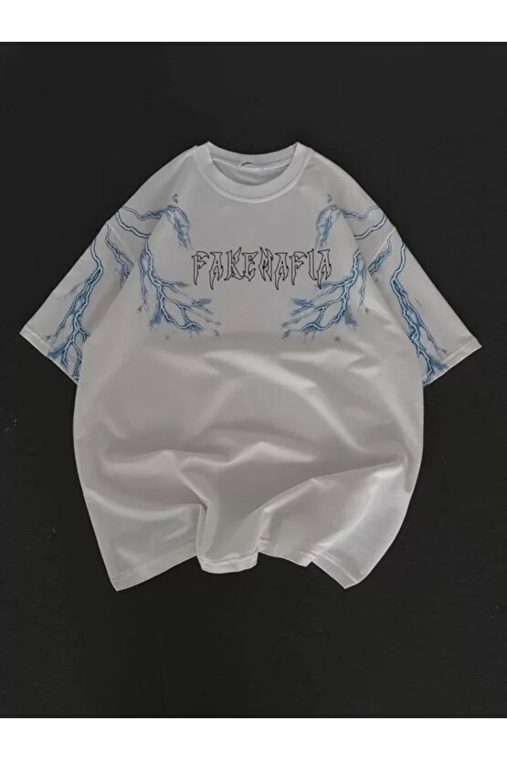 Unisex Bisiklet Yaka Baskılı Oversize Thirt  Beyaz