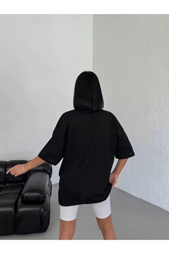 Unisex Bisiklet Yaka Baskılı Oversize Thirt Beyaz