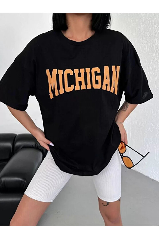 Unisex Bisiklet Yaka Baskılı Oversize Thirt Beyaz