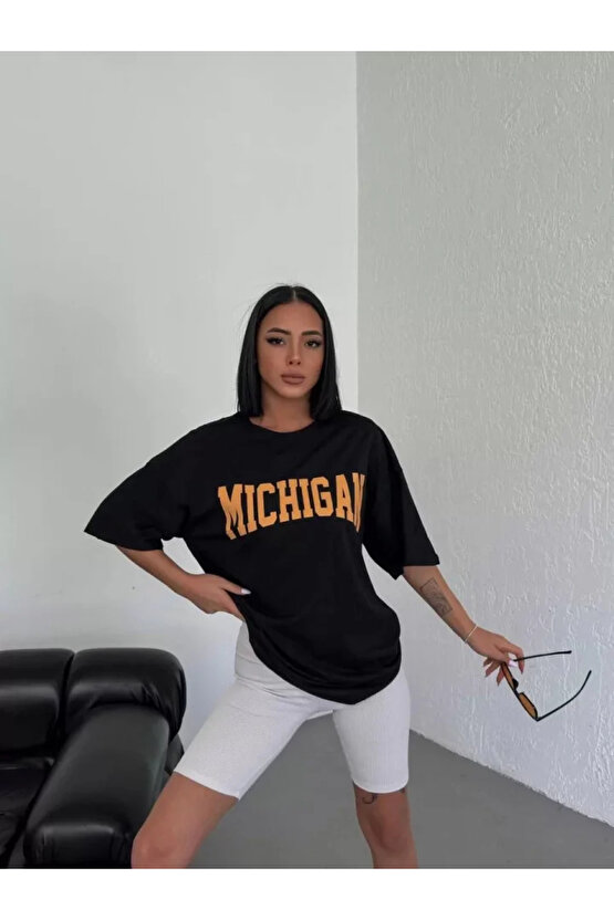 Unisex Bisiklet Yaka Baskılı Oversize Thirt Beyaz