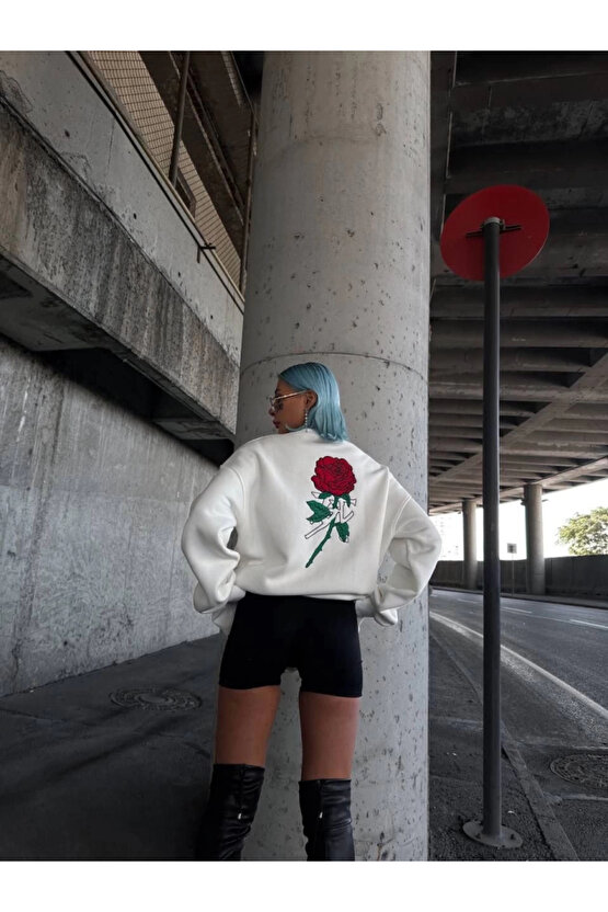 MDB Oversize Üç İplik Bisiklet Yaka Baskılı weathirt Beyaz