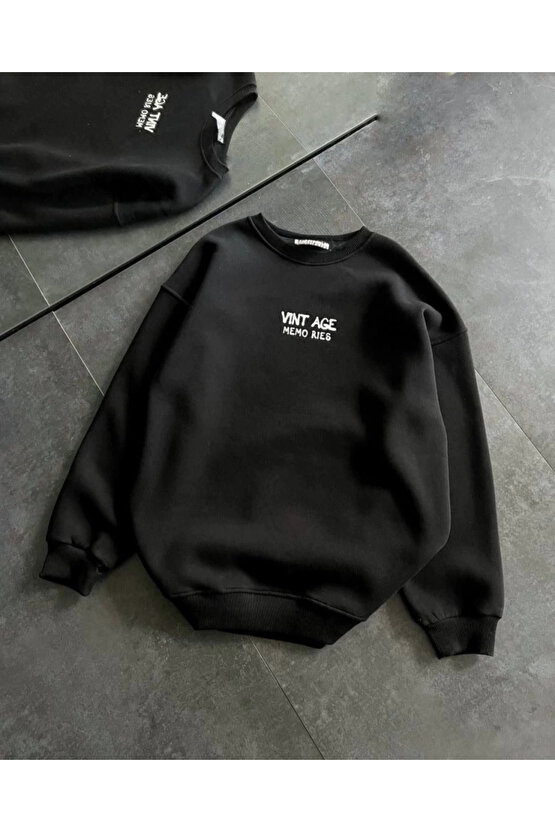 MDB Bisiklet Yaka Üç İplik Baskılı Oversize weathirt iyah