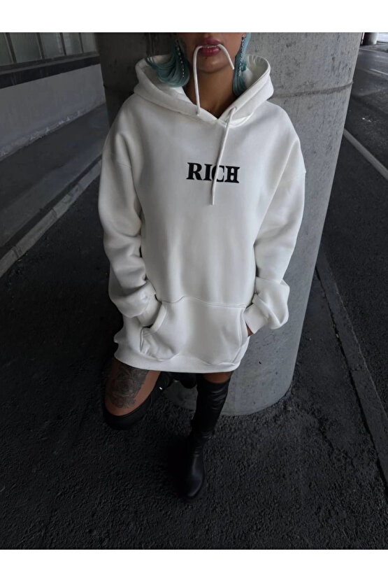 MDB Uzun Kol Kapşonlu Göğüs Baskılı weathirt Beyaz