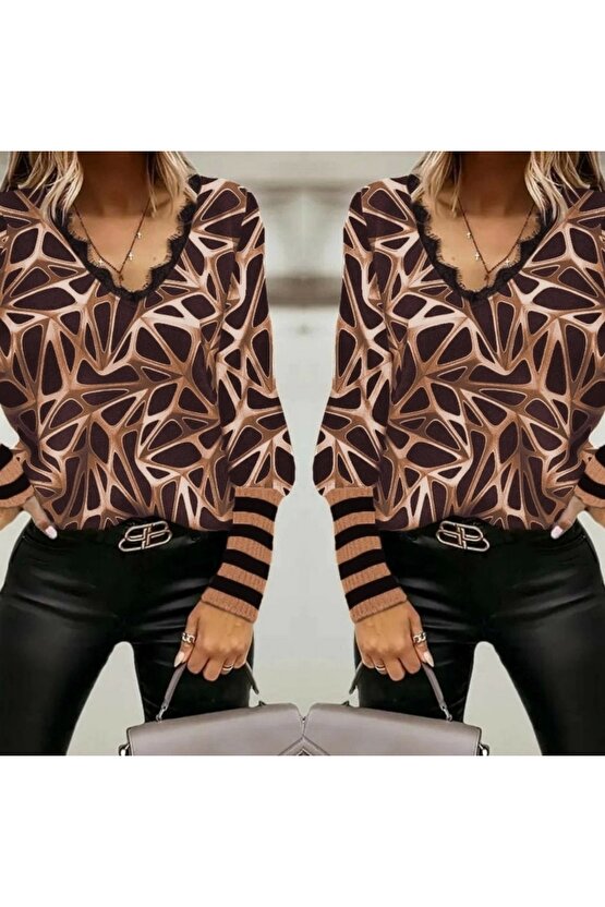 Kadın Uzun Kollu V Yaka Kenarları Güpür Detay şardonlu Dalgıç Bluz