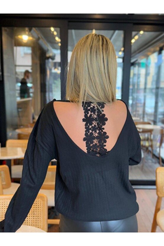 Kadın Uzun Kollu V Yakalı Pencere Sırt Dantel Detaylı Kalın Fitilli Kaşkorse Bluz