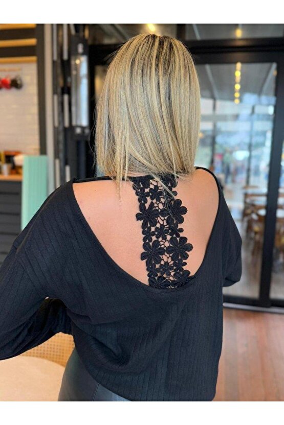 Kadın Uzun Kollu V Yakalı Pencere Sırt Dantel Detaylı Kalın Fitilli Kaşkorse Bluz