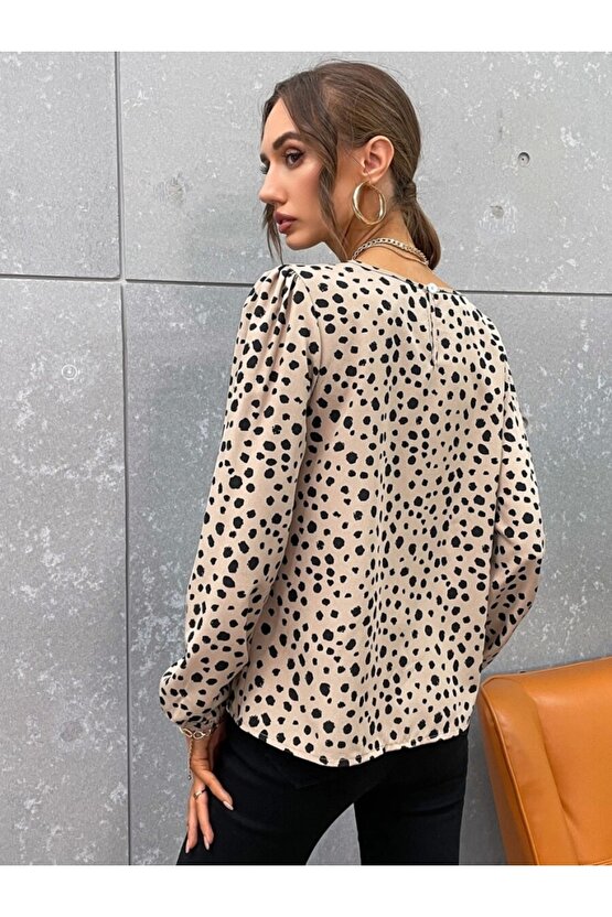 Kadın Uzun Kollu Bisiklet Yaka Desenli Bluz