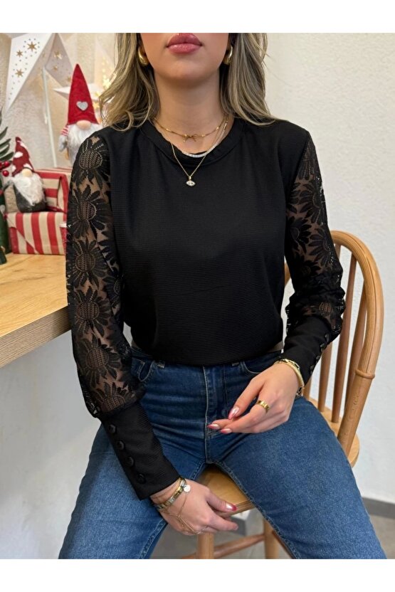 Kadın Uzun Kollu Bisiklet Yaka Kolları çiçekli Waffle Bluz