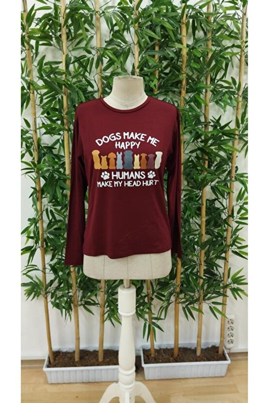 Kadın Uzun Kollu Bisiklet Yaka Köpek Resimli Viskon Bluz